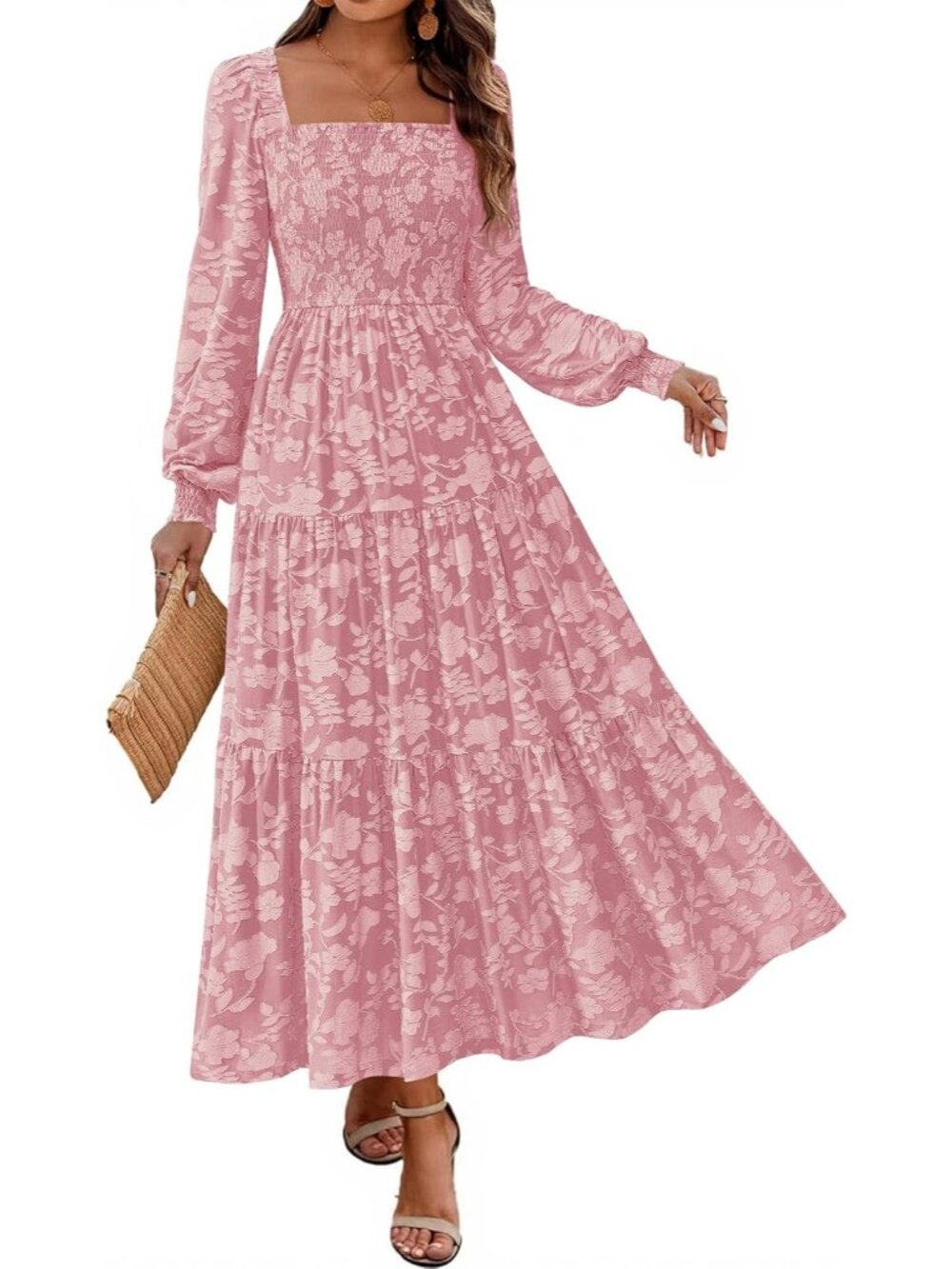 Women's Pink Long Sleeve Square Neck High Waist With Pockets Maxi Dress